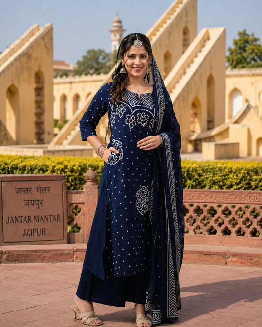 Ethnic Blue Bandhani Inspired Kurta Set for Women with Dupatta