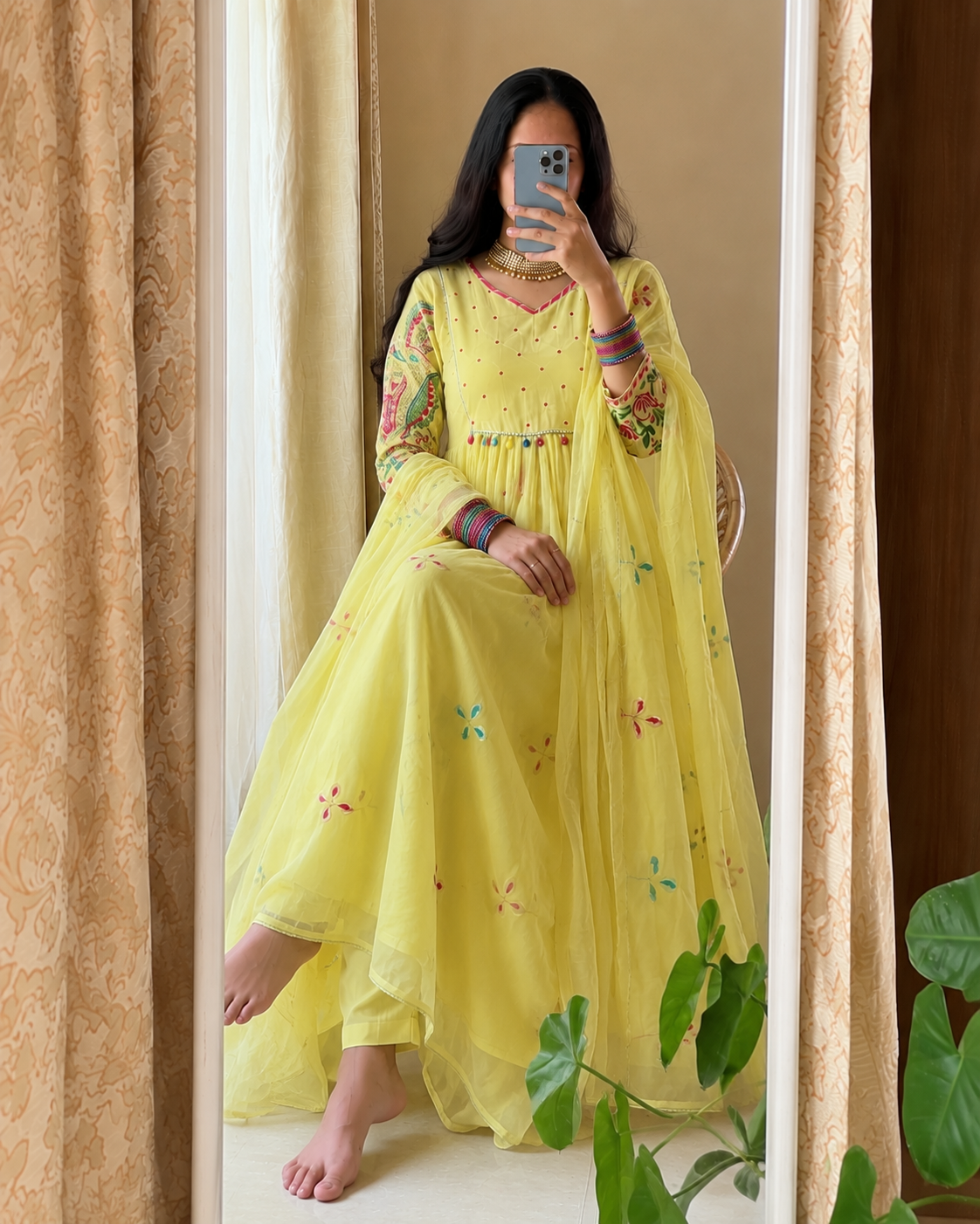 Lemon Yellow Embroidered Anarkali Kurta Set with Dupatta