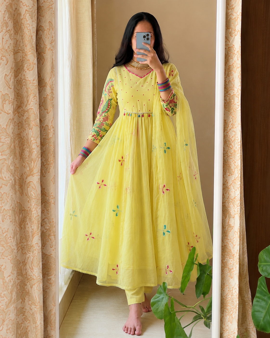 Lemon Yellow Embroidered Anarkali Kurta Set with Dupatta