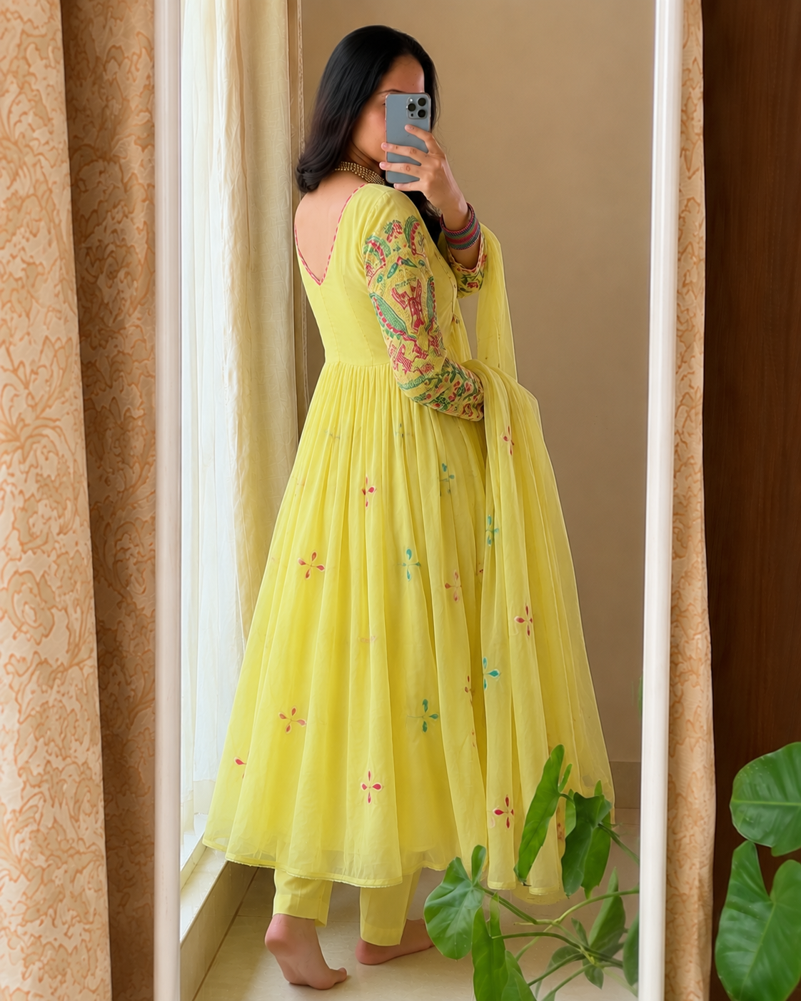Lemon Yellow Embroidered Anarkali Kurta Set with Dupatta