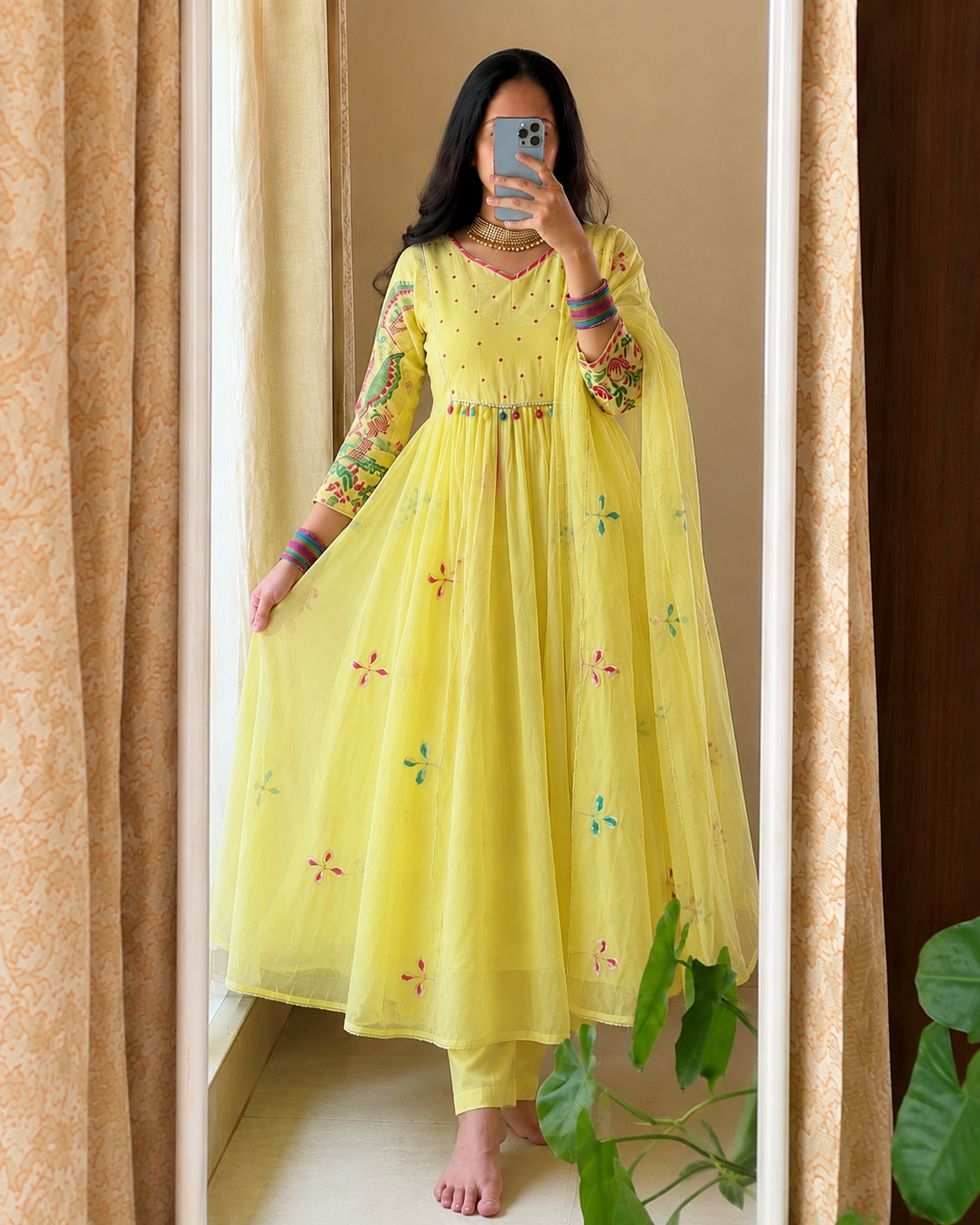 Lemon Yellow Embroidered Anarkali Kurta Set with Dupatta