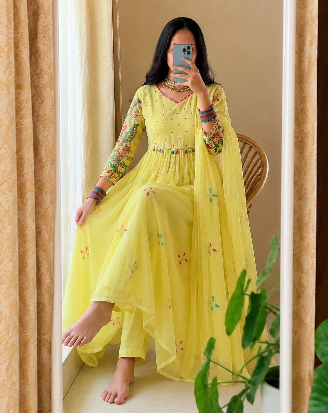 Lemon Yellow Embroidered Anarkali Kurta Set with Dupatta