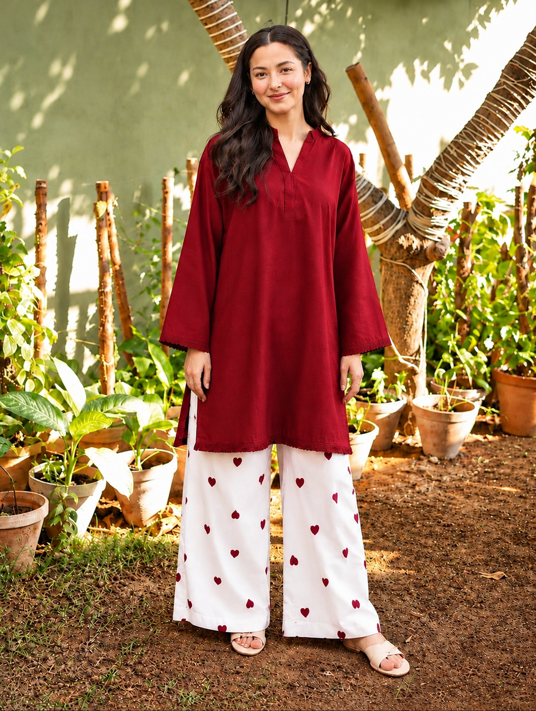 Meher Maroon Heart Cotton Slub Co-ord Set