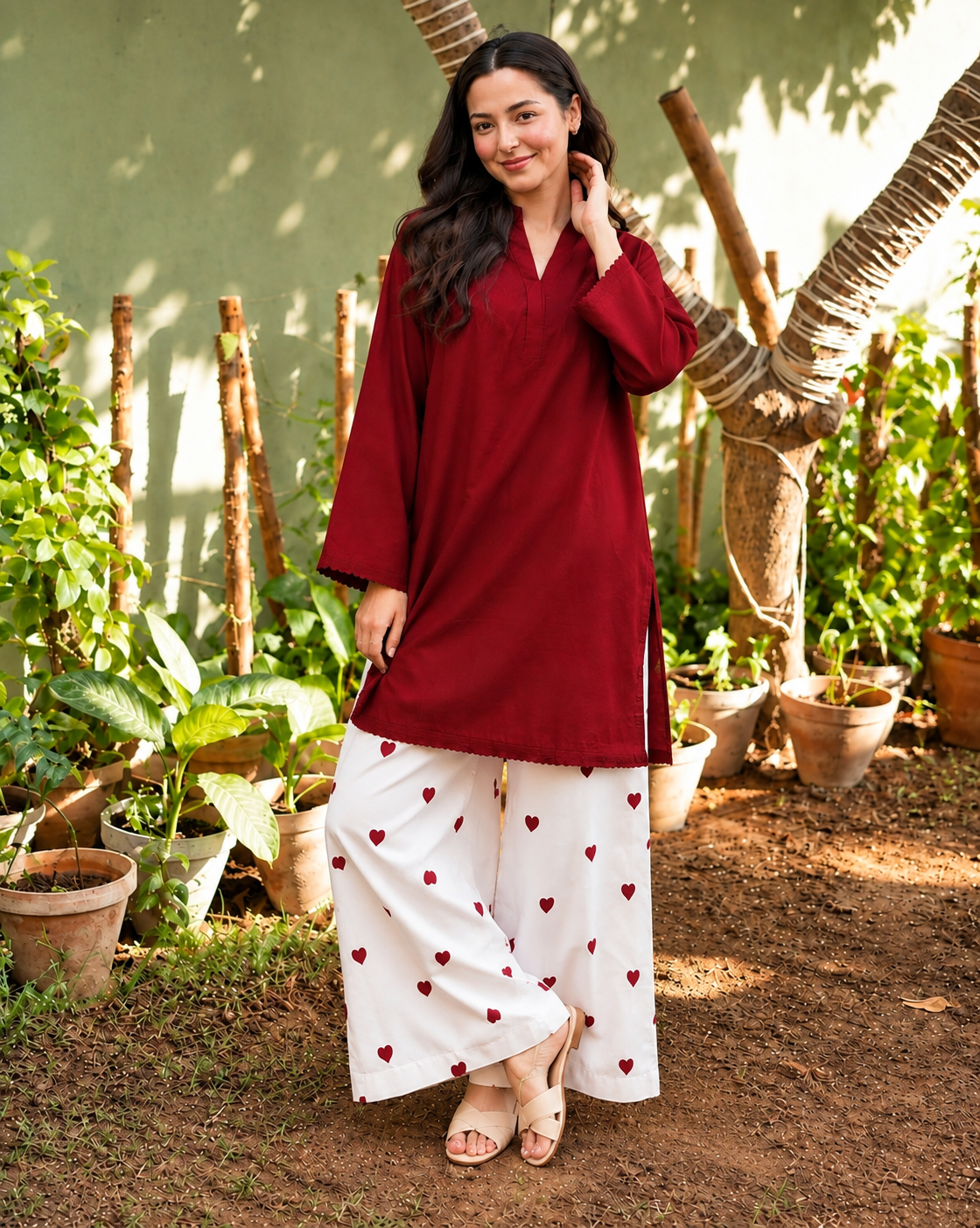 Meher Maroon Heart Cotton Slub Co-ord Set