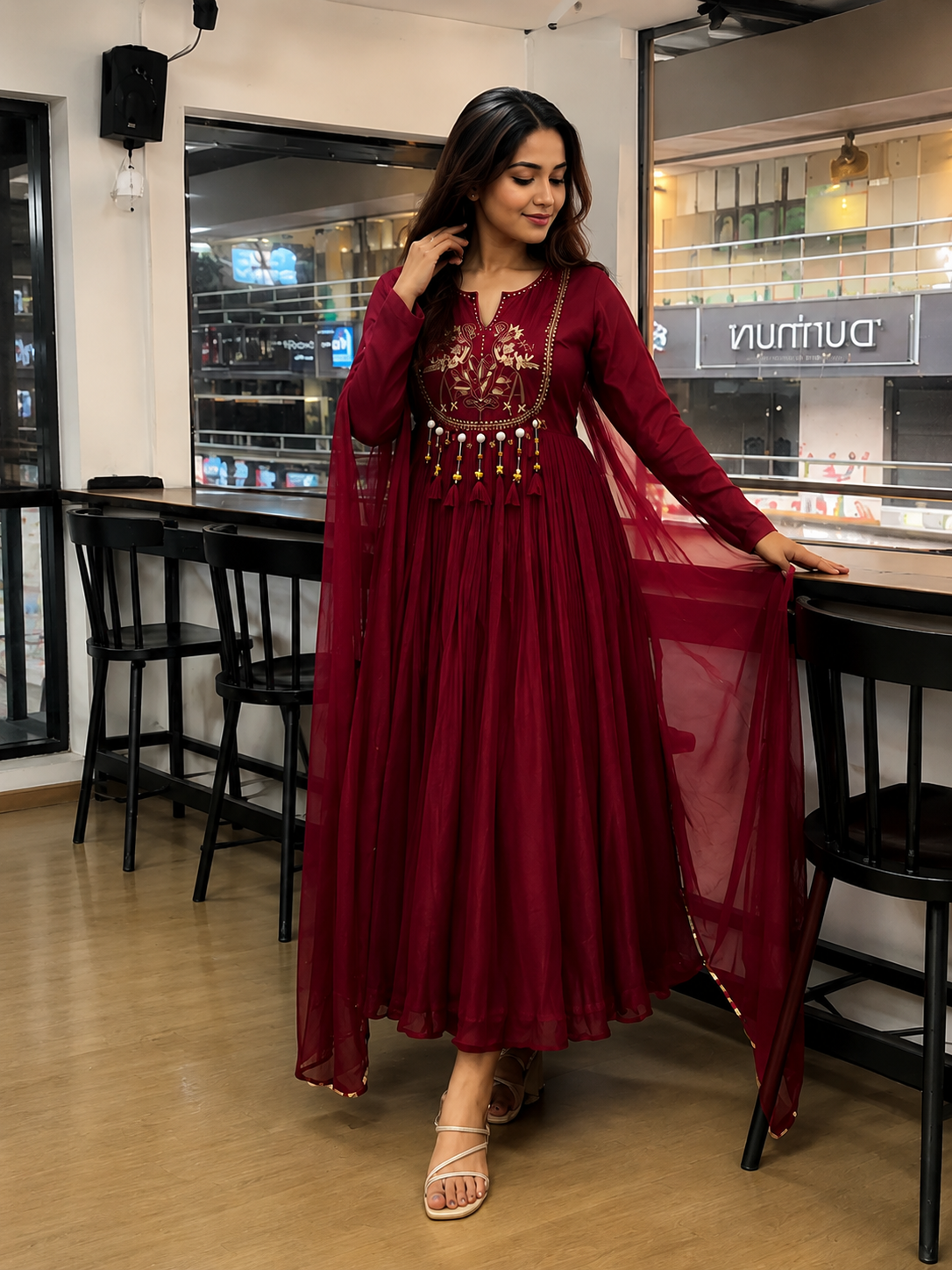 Royal Wine Embroidered Anarkali Kurta Set with Dupatta