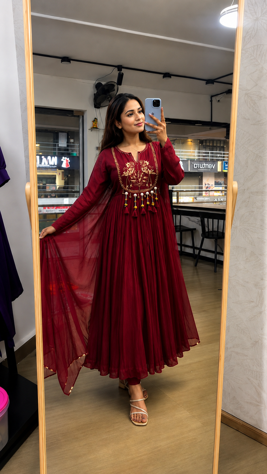 Royal Wine Embroidered Anarkali Kurta Set with Dupatta