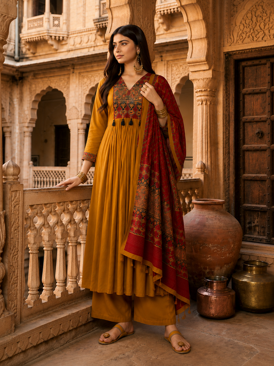 Mustard Yellow Embroidered Anarkali Kurta Set with Maroon Printed Dupatta