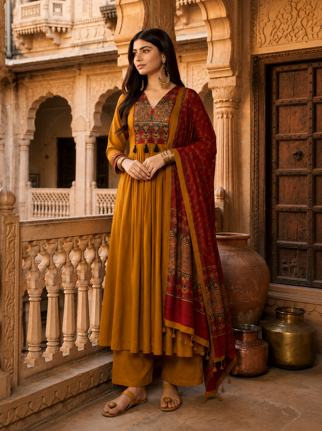 Mustard Yellow Embroidered Anarkali Kurta Set with Maroon Printed Dupatta