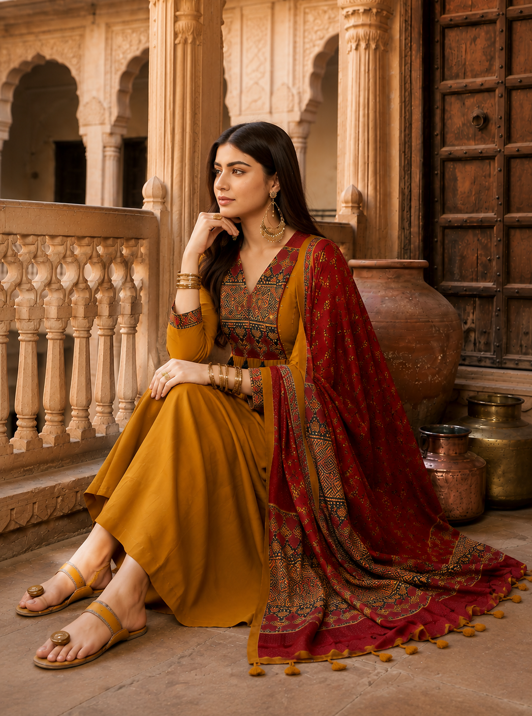 Mustard Yellow Embroidered Anarkali Kurta Set with Maroon Printed Dupatta