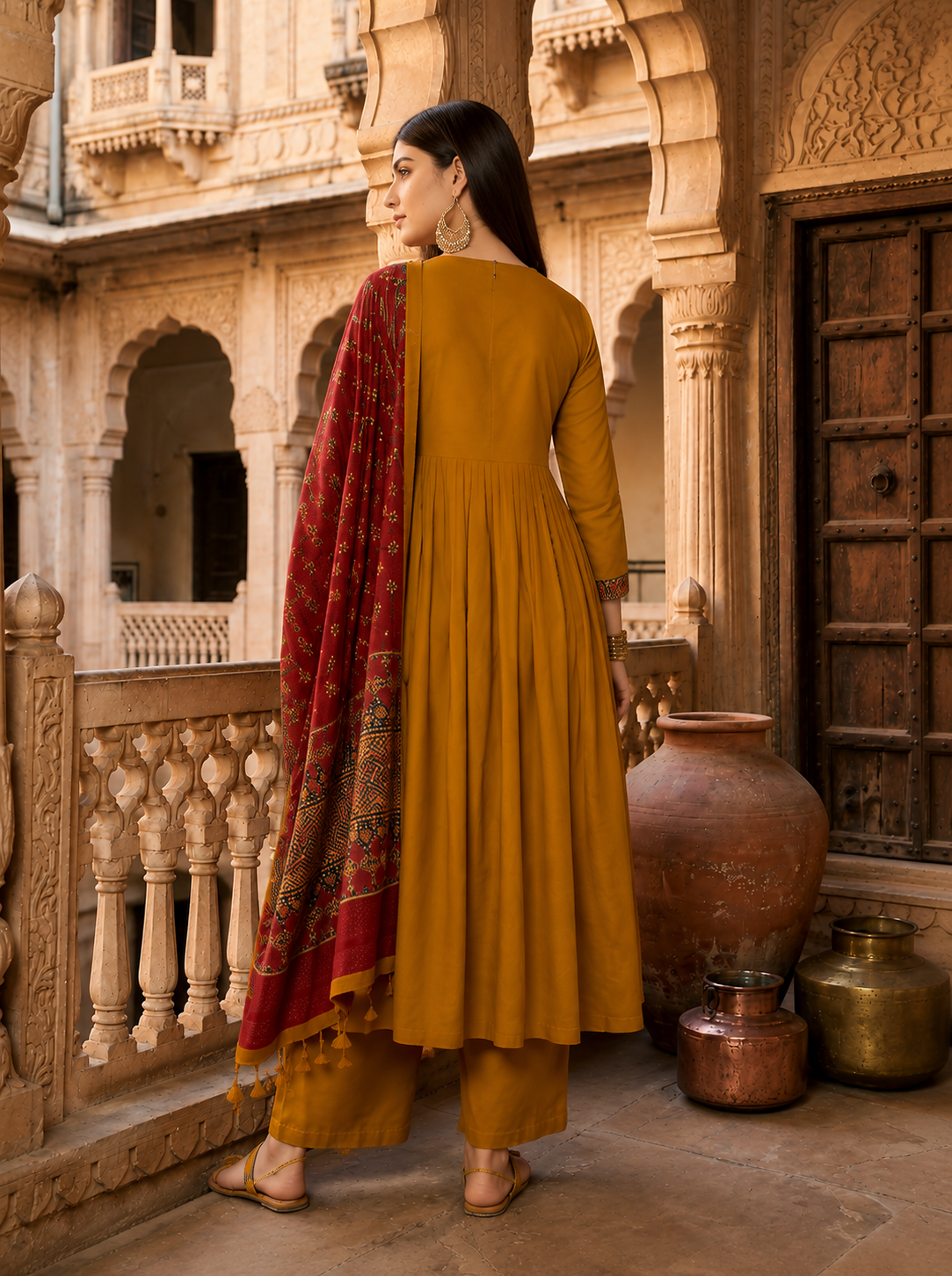Mustard Yellow Embroidered Anarkali Kurta Set with Maroon Printed Dupatta