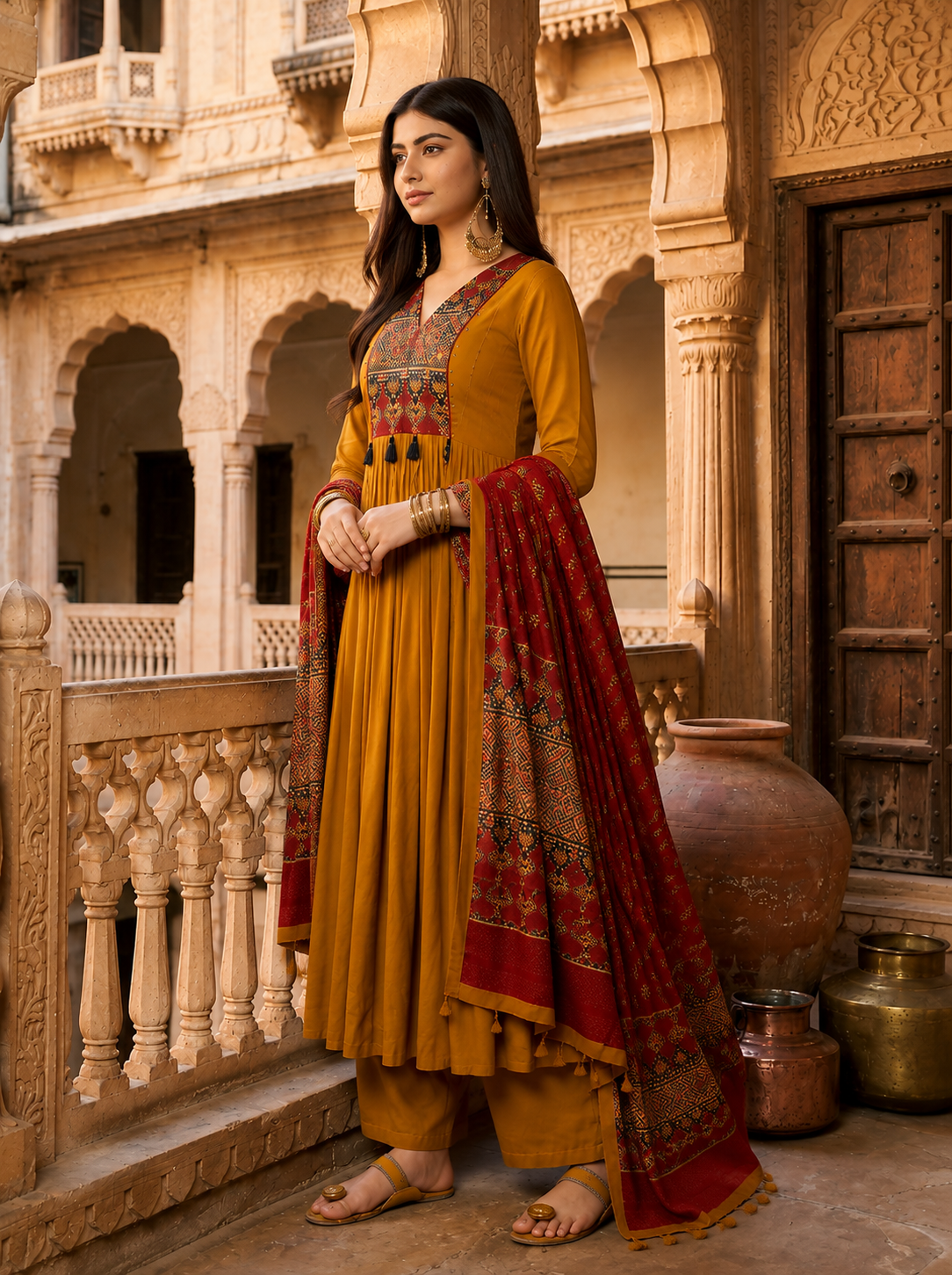 Mustard Yellow Embroidered Anarkali Kurta Set with Maroon Printed Dupatta