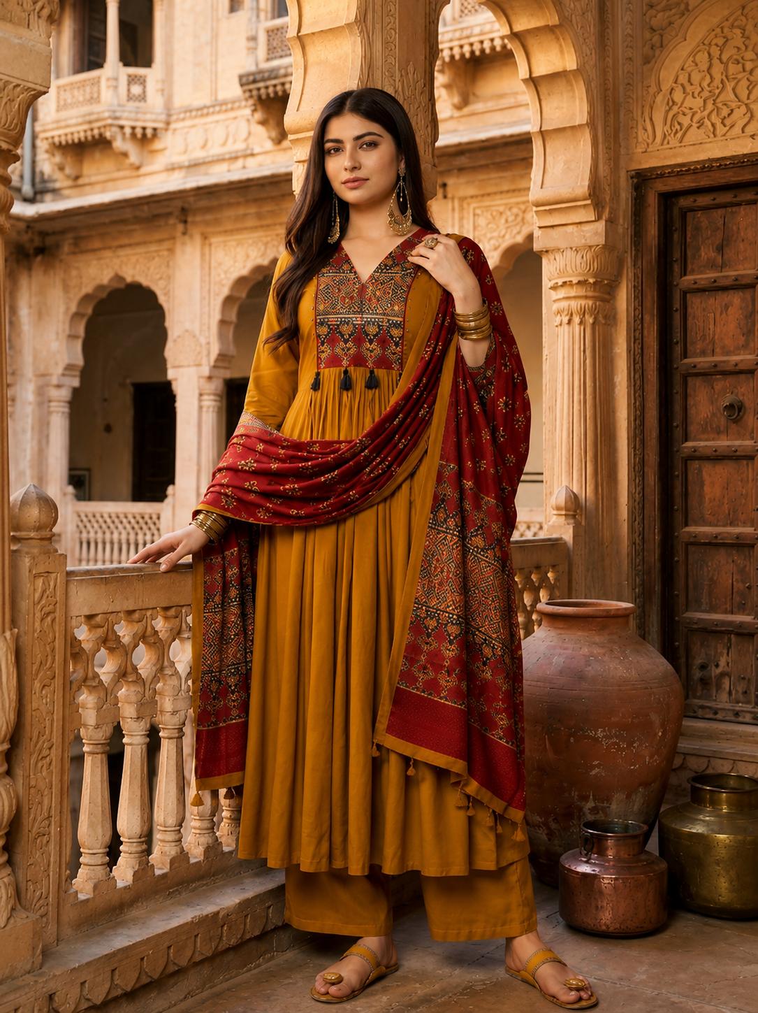 Mustard Yellow Embroidered Anarkali Kurta Set with Maroon Printed Dupatta