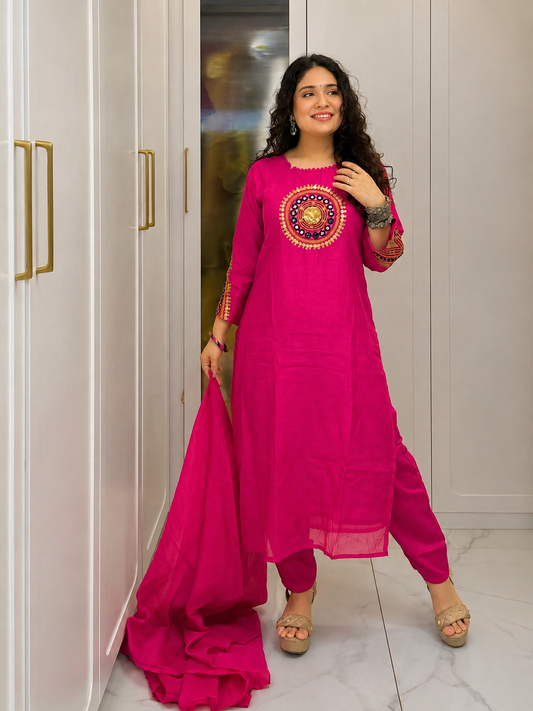 Rani Pink Mirror Work Embroidered Kurta Pant Dupatta Set