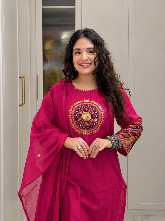 Rani Pink Mirror Work Embroidered Kurta Pant Dupatta Set