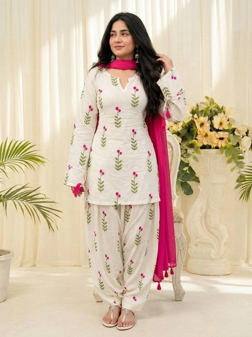 Graceful White Floral Cotton Suit Set with Pink Dupatta