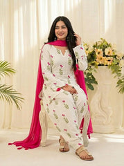 Graceful White Floral Cotton Suit Set with Pink Dupatta