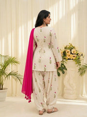 Graceful White Floral Cotton Suit Set with Pink Dupatta