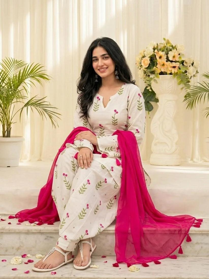 Graceful White Floral Cotton Suit Set with Pink Dupatta