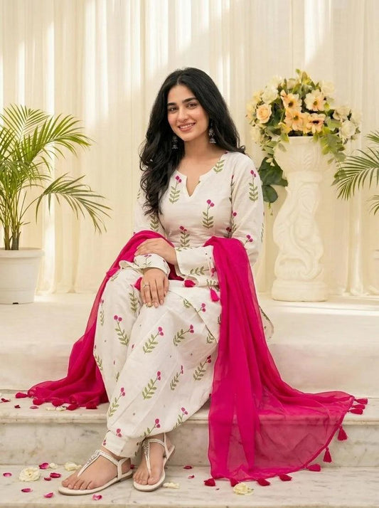Graceful White Floral Cotton Suit Set with Pink Dupatta