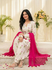 Graceful White Floral Cotton Suit Set with Pink Dupatta
