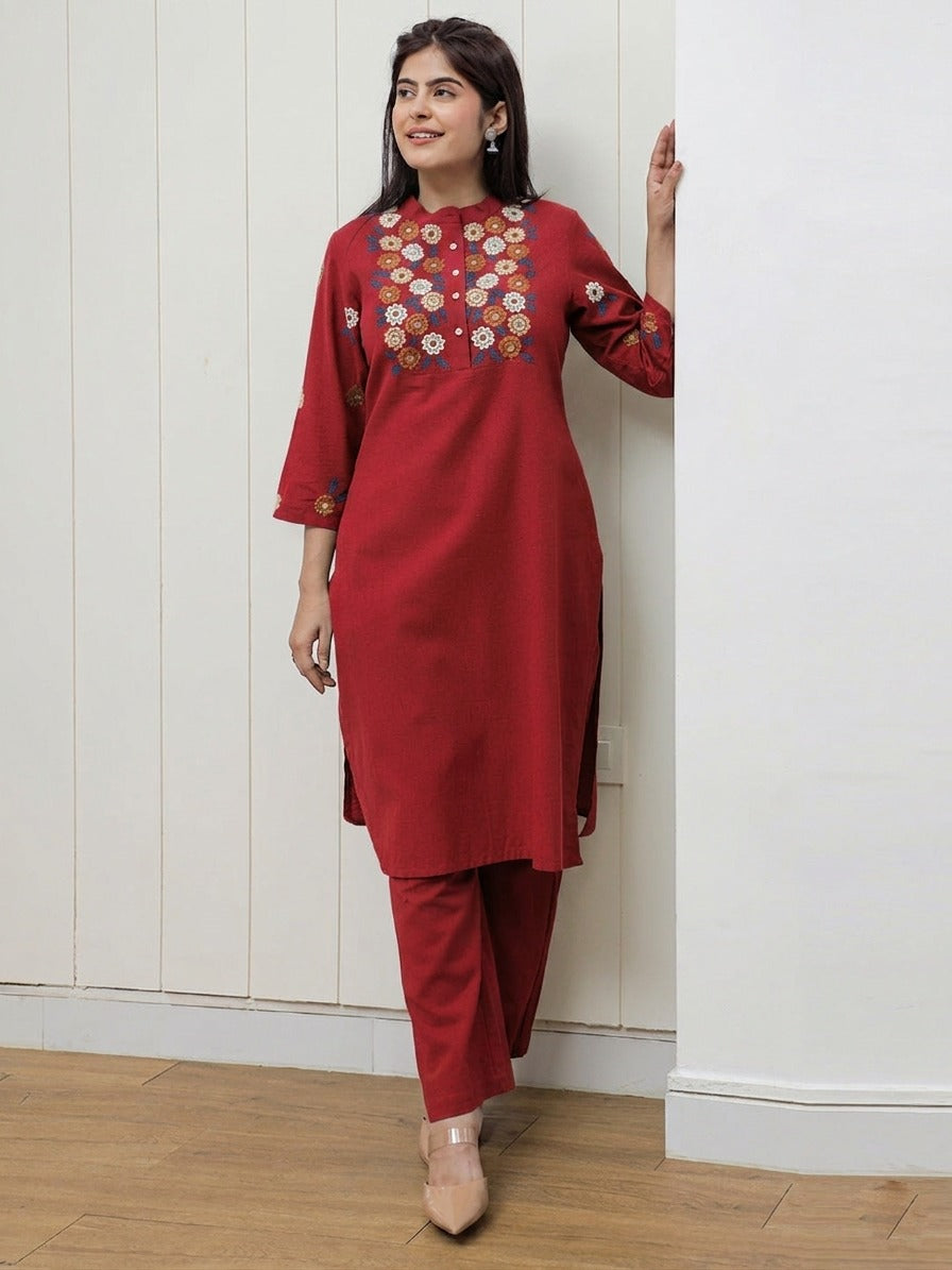 Red Embroidered Cotton Flex Kurta and Pant Set