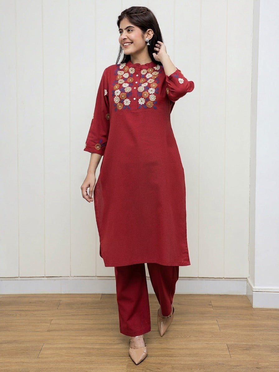 Red Embroidered Cotton Flex Kurta and Pant Set