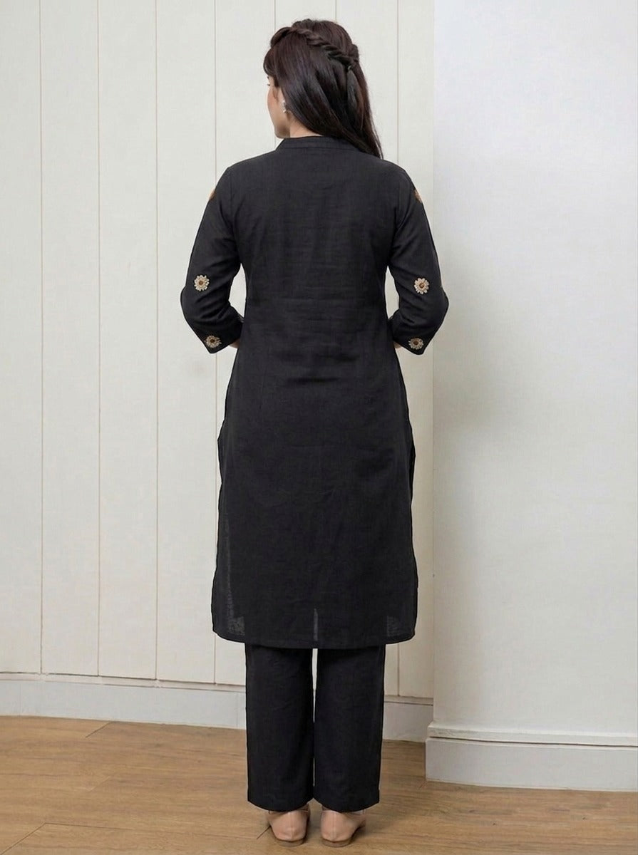 Black Embroidered Cotton Flex Kurta and Pant Set
