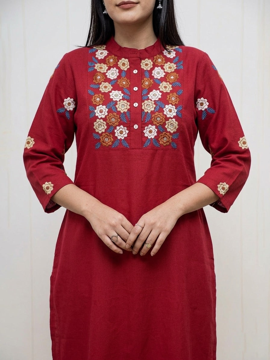 Red Embroidered Cotton Flex Kurta and Pant Set