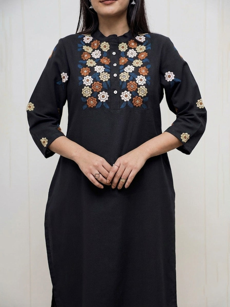 Black Embroidered Cotton Flex Kurta and Pant Set
