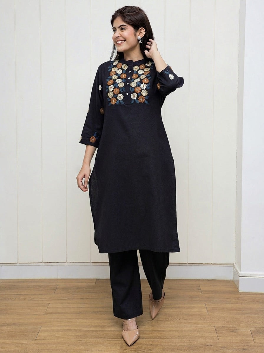 Black Embroidered Cotton Flex Kurta and Pant Set