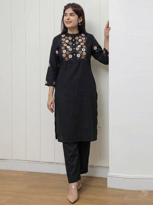 Black Embroidered Cotton Flex Kurta and Pant Set