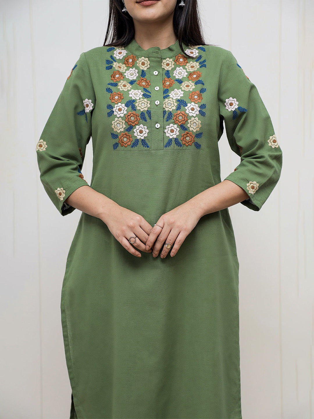 Green Embroidered Cotton Flex Kurta and Pant Set