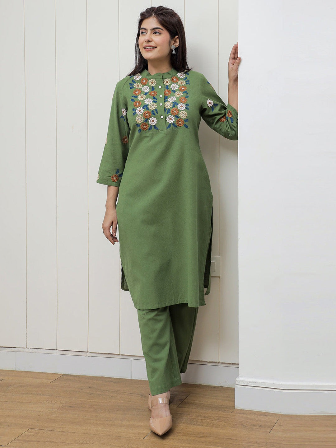 Green Embroidered Cotton Flex Kurta and Pant Set
