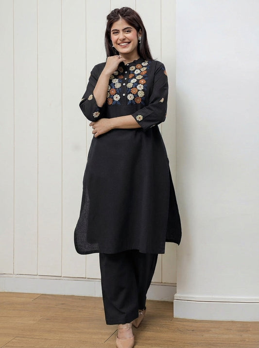 Black Embroidered Cotton Flex Kurta and Pant Set
