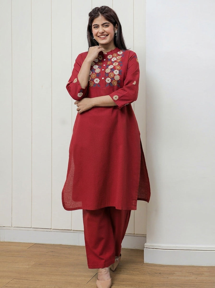 Red Embroidered Cotton Flex Kurta and Pant Set