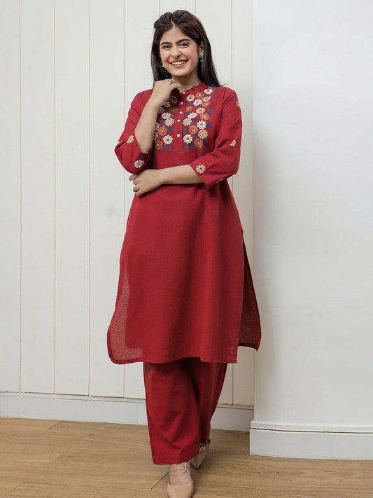 Red Embroidered Cotton Flex Kurta and Pant Set
