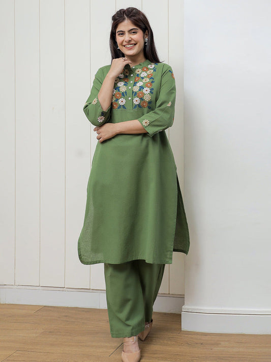 Green Embroidered Cotton Flex Kurta and Pant Set