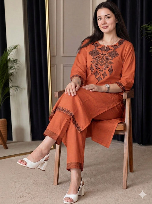 Rust Orange Embroidered Cotton Flex Kurta and Pant Set