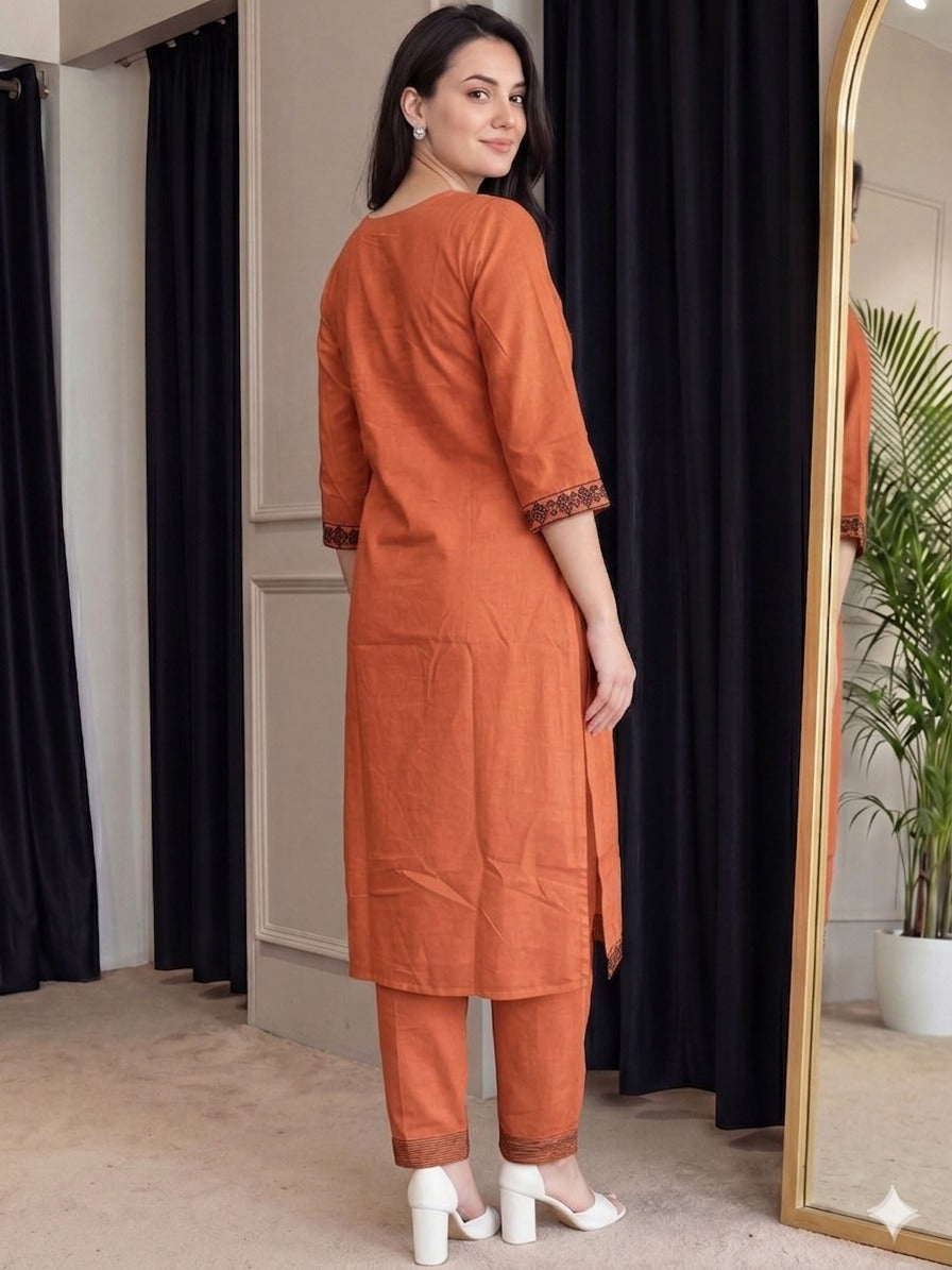 Rust Orange Embroidered Cotton Flex Kurta and Pant Set