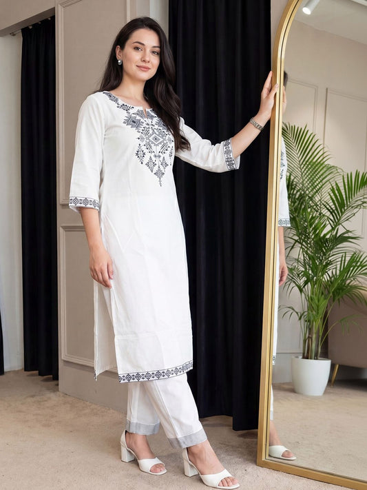White Embroidered Cotton Flex Kurta and Pant Set