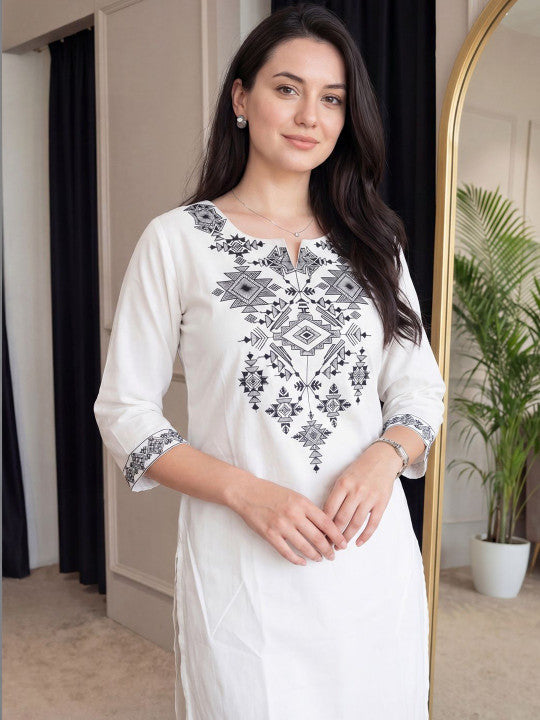 White Embroidered Cotton Flex Kurta and Pant Set