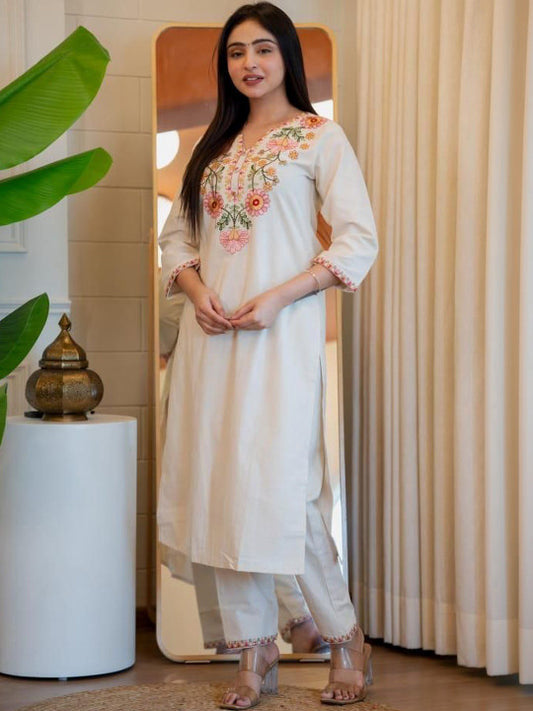 Off White Embroidered Cotton Flex Kurta and Pant Set