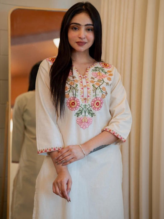 Off White Embroidered Cotton Flex Kurta and Pant Set