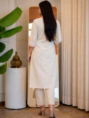 Off White Embroidered Cotton Flex Kurta and Pant Set