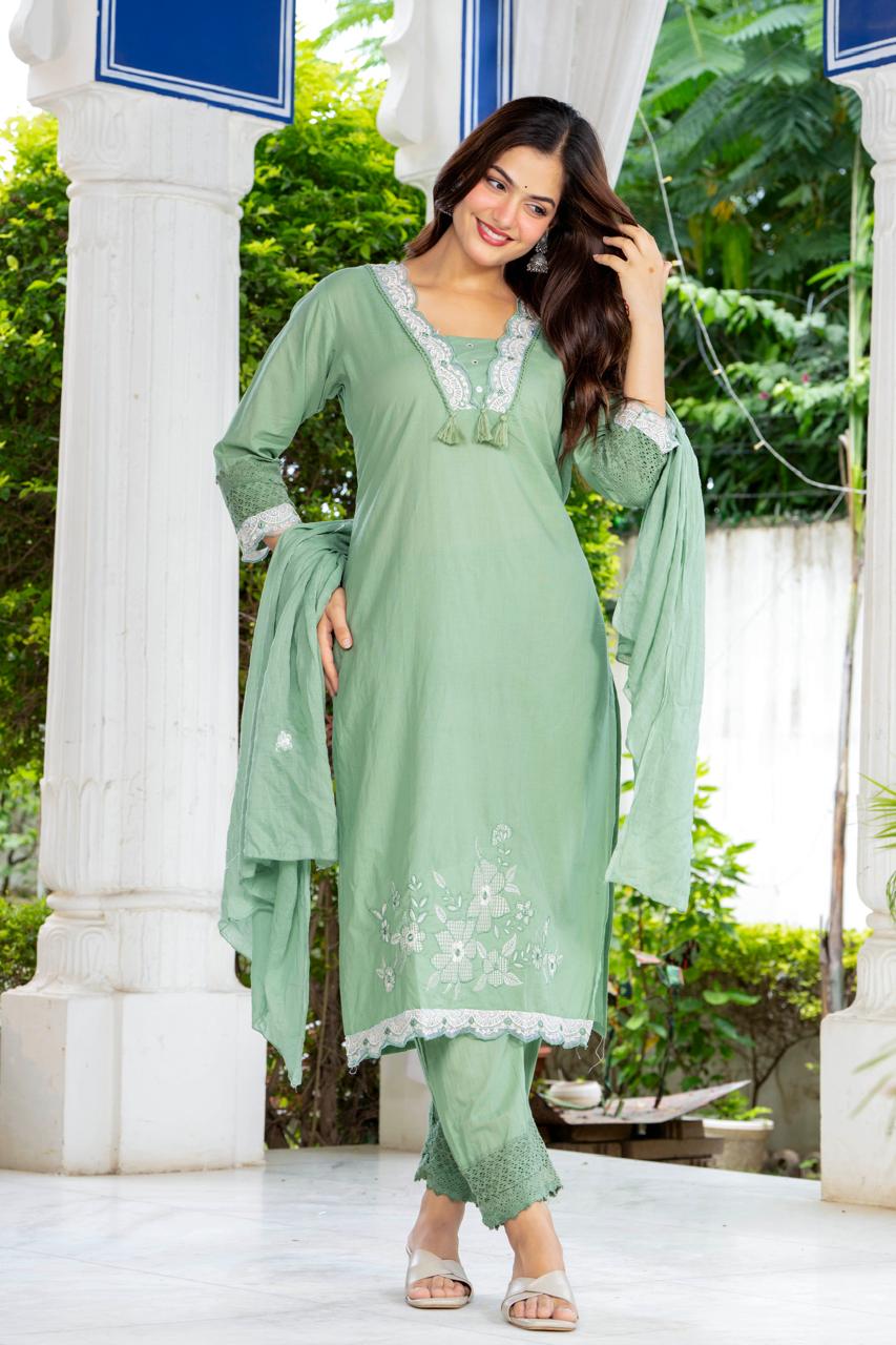 Meher Mint Green Embroidered 3-Piece Kurta Set