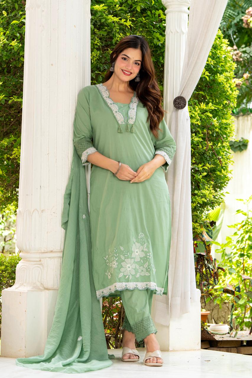 Meher Mint Green Embroidered 3-Piece Kurta Set