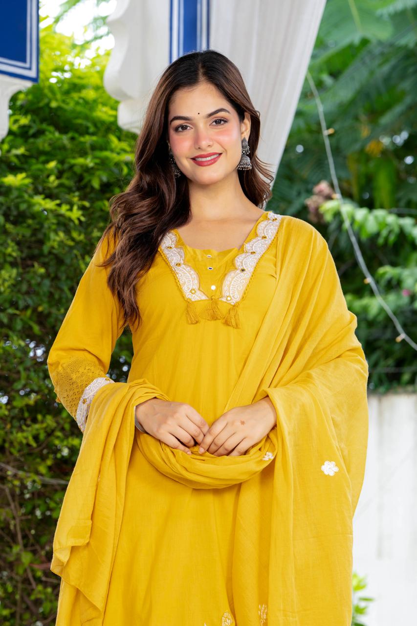 Aarohi Mustard Yellow Embroidered 3-Piece Kurta Set