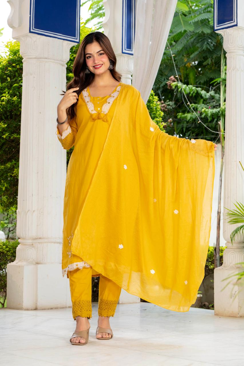 Aarohi Mustard Yellow Embroidered 3-Piece Kurta Set