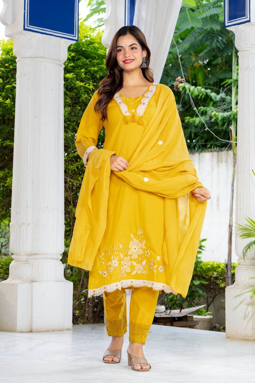Aarohi Mustard Yellow Embroidered 3-Piece Kurta Set