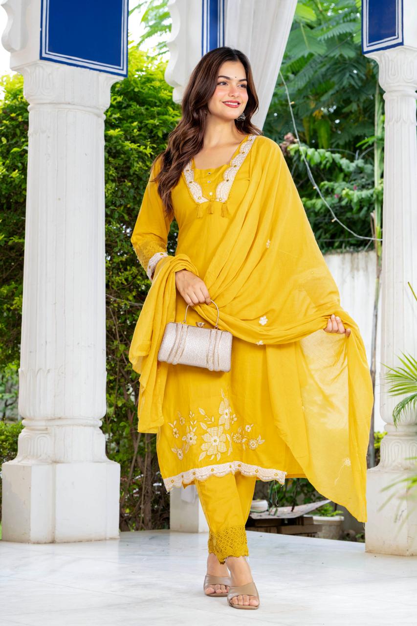Aarohi Mustard Yellow Embroidered 3-Piece Kurta Set